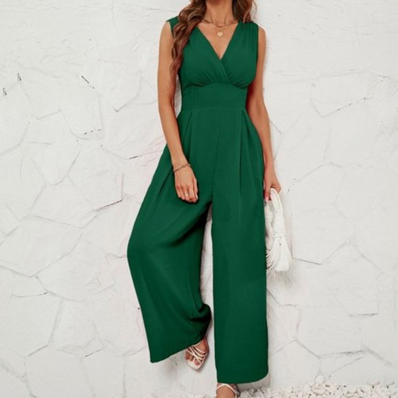 Pants - Green Pocket Surplice Sleeveless Jumpsuit